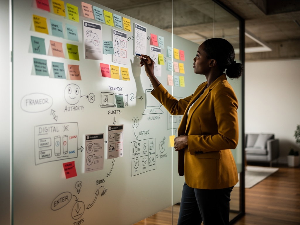 Planificación de estrategia digital en pizarra con equipo